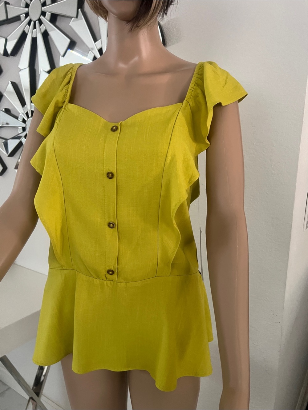 NWT (Moa Moa)97% RAYON Lemon Yellow Ruffle Button-Front,drawstring back Size XL